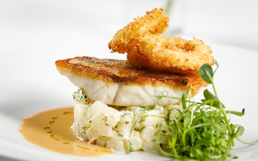 Seabass with Breaded Squid Rings, Kohlrabi & Velouté