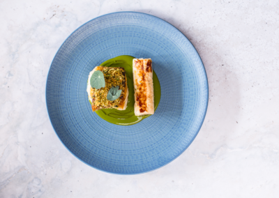 Fillet of Hake with smoked almond and herb crust, crispy Irish leek stuffed with crab and prwan with a peppercorn and watercress sauce | Suesey Street | Irish Food | Dublin Restaurant | Food Gallery