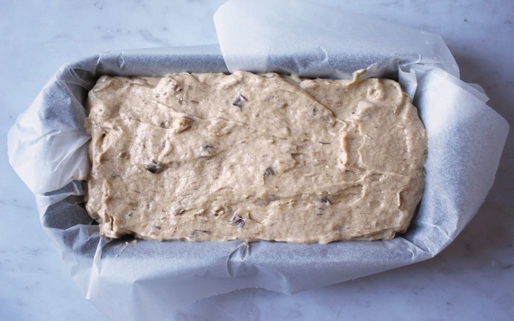 Banana bread mix in tin, ready for the oven