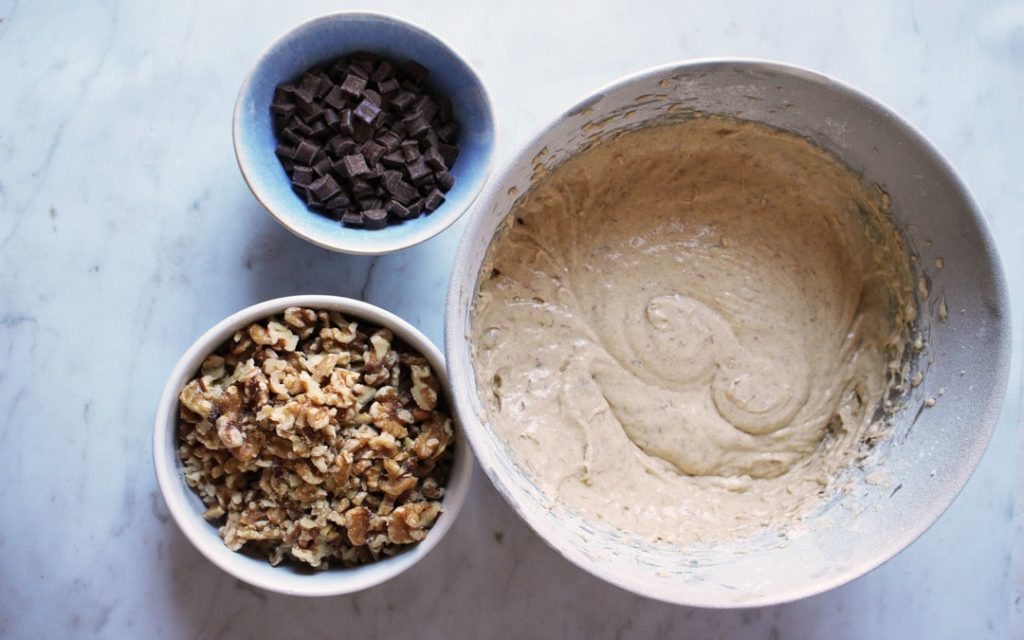 banana bread with walnuts and chocolate chips